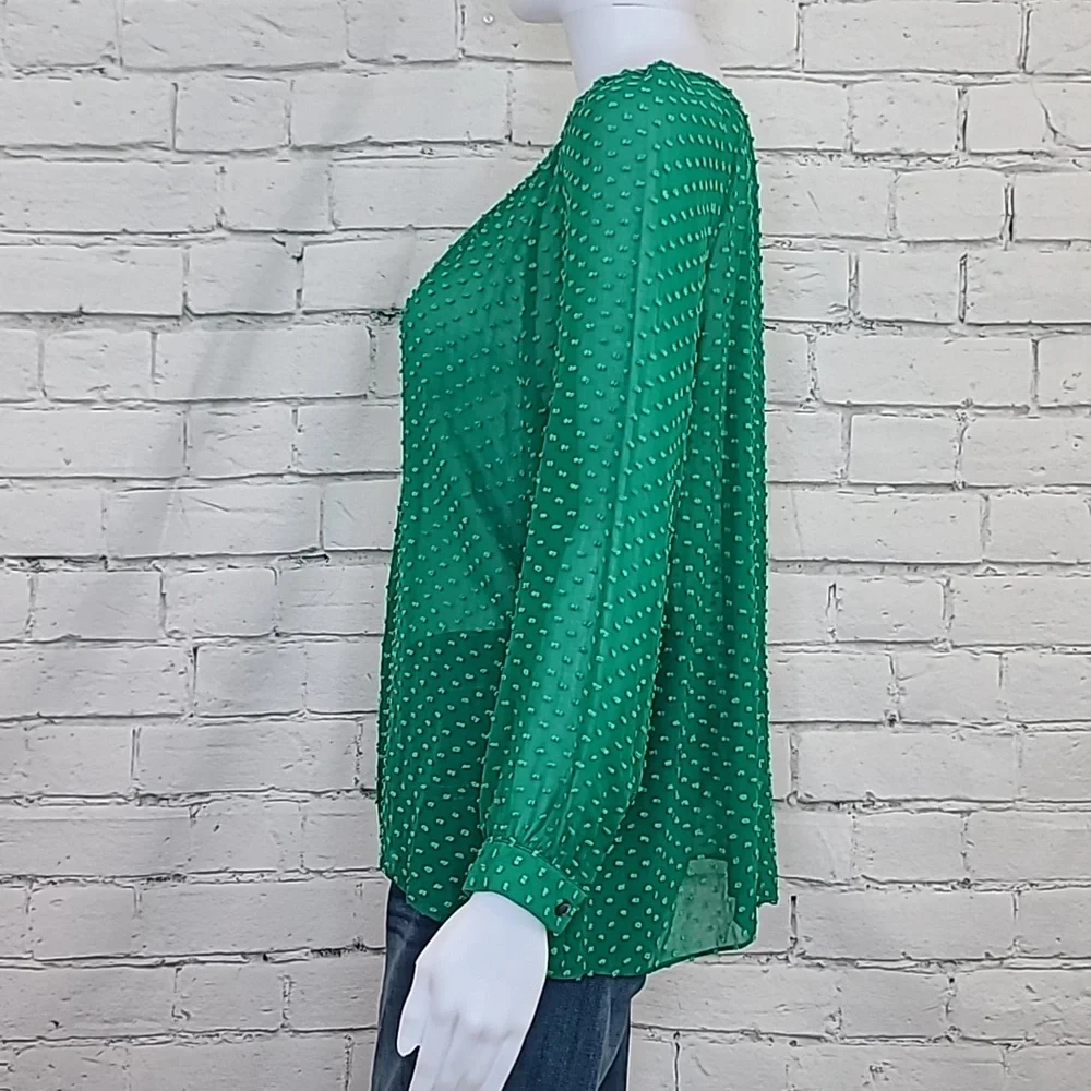 J Crew Flowy Sheer Silk Chiffon Long Sleeve Dot Blouse in Green - Picture 6 of 17